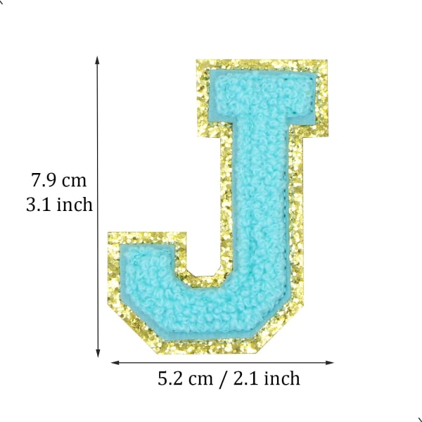 Engelska bokstaven J strykjärnsapplikationer lappbokstäver sömnadsapplikationer klädmärken, med guldglitterkant, självhäftande baksida (blå J) JBlue