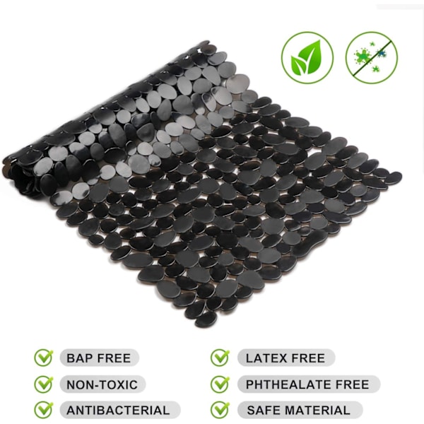 Halkskyddad badrumsmatta 35 x 16 tum småsten duschmattor med sugkoppar, avloppshål för badrum duschar, badkar, maskin  - Svart