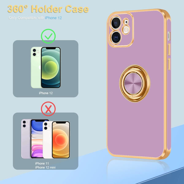iPhone 12-fodral, iPhone 12-fodral med 360° ringhållare, smalt stativ, magnetiskt stöd för bilmontering, iPhone 12 6,1 tum, lila/guld