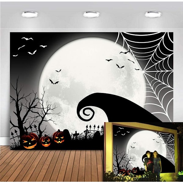 Hallowmas-juhlatarvikkeet Painajainen Ennen Joulua -valokuvaustaustakankaalle vinyyli 7x5ft Lepakot Kurpitsapello Täysi Kuu Hämähäkki