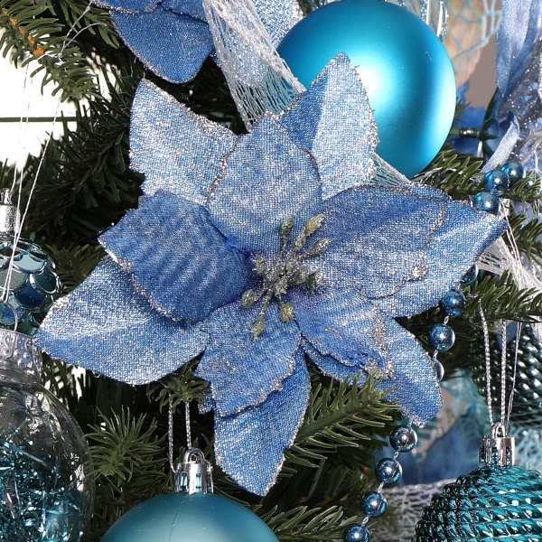 Julstjärna blommor 30 st glitter julstjärna julgransprydnader konstgjorda blommor för julgran 5,12 tum-blå