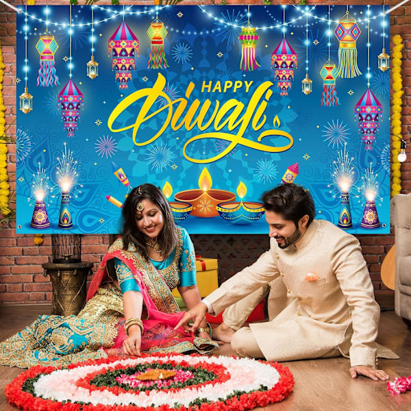 Happy Diwali -taustakangas Banner-koristeet 73*43 tuumaa Happy Diwali Banner Rangoli Lyhty Valokuva Deepavali Valokuva Tausta Tarvikkeet (Elävä)
