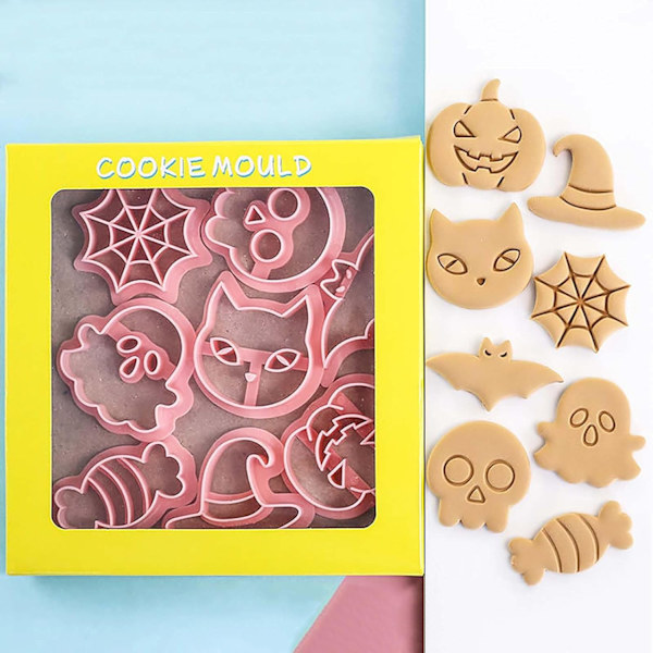 8-delade mini Halloween-kakformar, 3d-upphöjda pepparkaksstempel, kakformset lämpligt för frostdekoration
