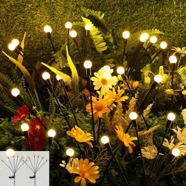 Nyaste solar trädgårdslampor, 2 förpackningar 12 lysdioder utomhus solenergi svajande ljus (vajande av vinden), vattentäta Firefly Lights för utomhus Fairy Garden (varm vit)