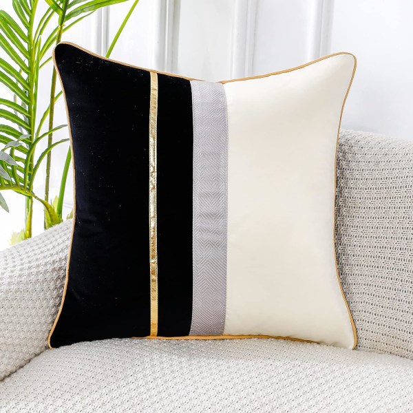 Patchwork Black Silk-Like Velvet Throw Pillow Cover with Gold Striped Leather Cushion Case Modern Luxury Square Pillowcas,20x20 inch