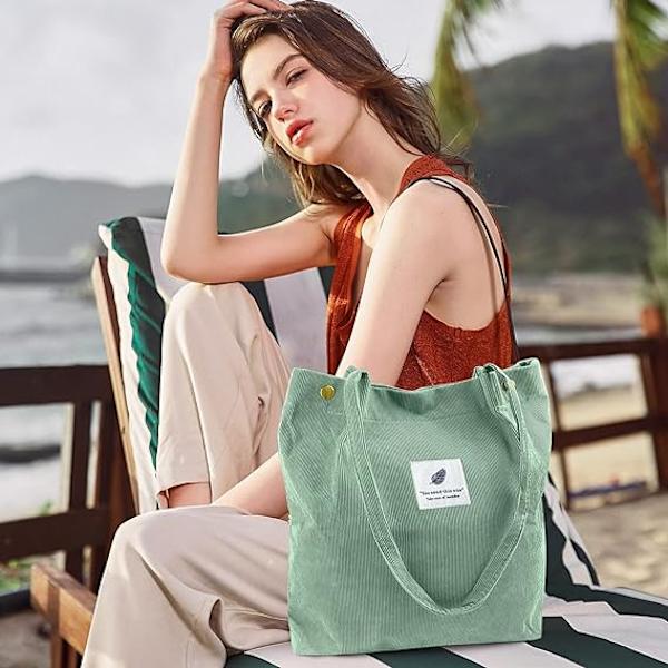 Kordväv Tote Bag för kvinnor Canvas Axelväska med innerficka