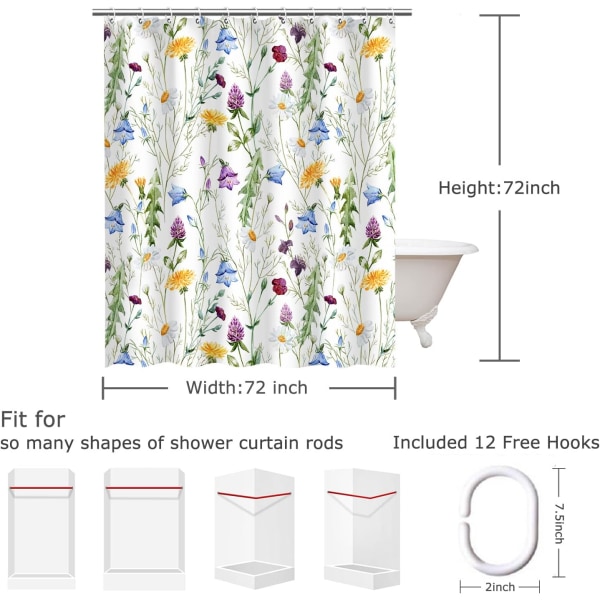 Blomster bruseforhæng, Blomster bruseforhæng, Farverigt blomster bruseforhæng til badeværelse, Grønt blad og vildblomst bruseforhæng, 72\" x 72\" tommer