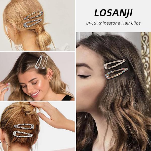 8 stk. hårklemmer med rhinsten, vanddråbe krystal hårspænder, bling metal snap duckbill hårnåle, glitter hårnål, sort