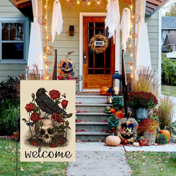 Halloween Tervetuloa Kallo Ruusu Varis Puutarha Lippu Kaksisivuinen, Kuolleiden Päivä Loma Piha Ulkona Koristeellinen Lippu 12 x 18 Tuumaa