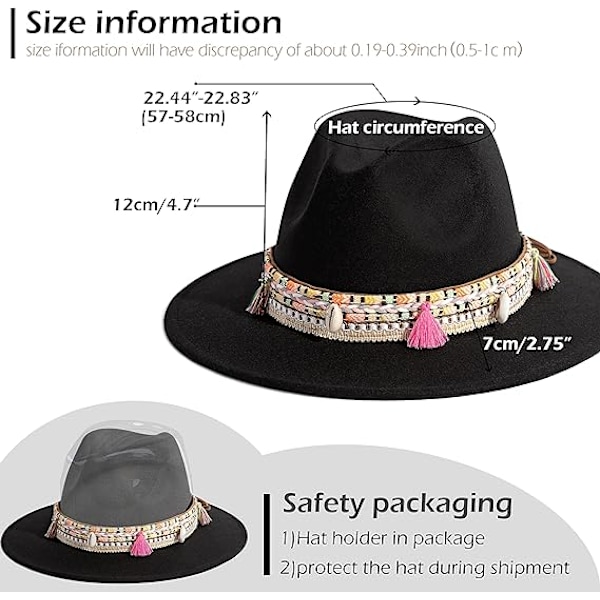 Damefilt Fedora Hat Bredskygget Panama Hatte med Kvast