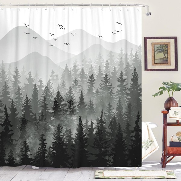 Svartvitt Misty Forest Set Grå Grå Ombre Vattentät tyg Duschdraperier Nature Tree Mountain (72'' × 72'', Svart)