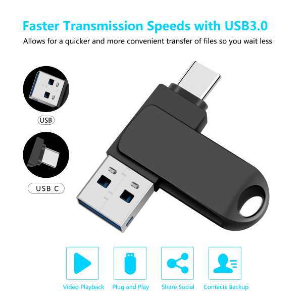 USB C -muistitikku 64 Gt, tyyppi C USB 3.0 -muistitikku avaimenperällä, 2-in-1 OTG -muistitikku, kääntyvä muistitikku (hopea)