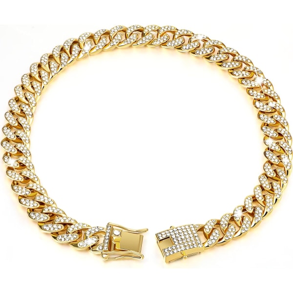 Hundkedja Diamond Cuban Collar Walking Metal Chain Halsband med Design Säkert spänne, Pet Cuban Collar Smycken (guld, 24 tum)