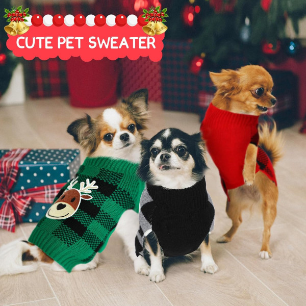 3 st julhundtröjor set Santa Snowman Reindeer Plaid valp hundtröjor kläder husdjur stickat för hund katt husdjursdräkt, medium