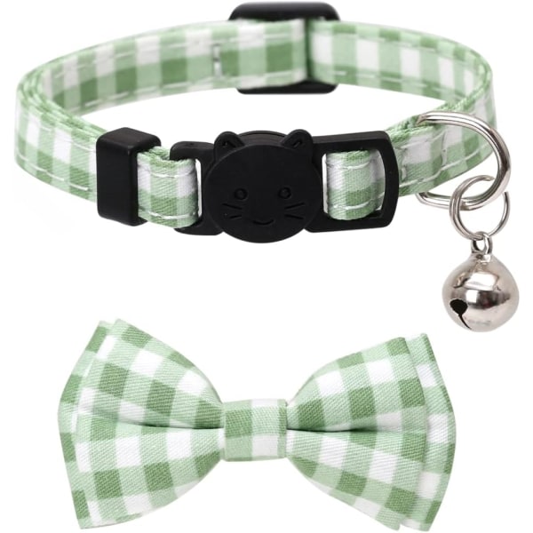 2 Pack/Set Cat Collar Breakaway with Cute Bow Tie and Bell Plaid Flower for Kitty Adjustable Safety - Green