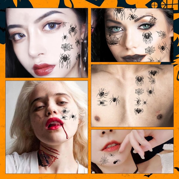 Halloween spindel tillfälliga tatueringar, ansikts spindel spindelnät tatuering Realistisk svart skräck makeup häxa, bus dekorationer (10 ark)