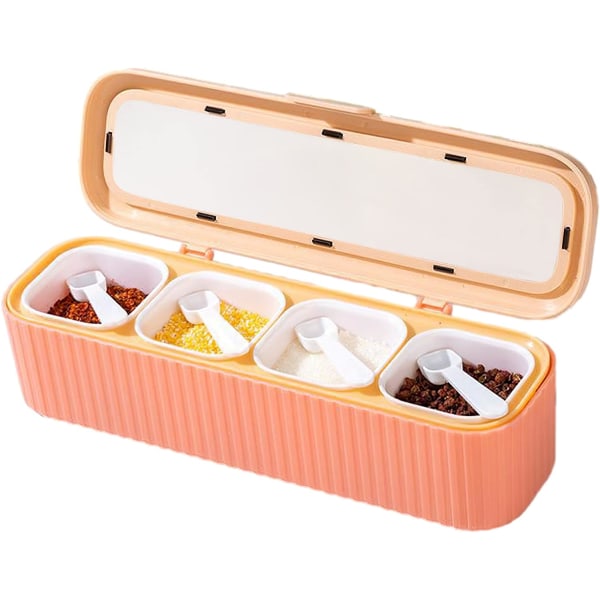 Kryddlåda Set, 4-delad kryddhylla kryddkruka, förvaringsbehållare kryddburk för kryddor, köksbehållare med lock och sked (rosa)