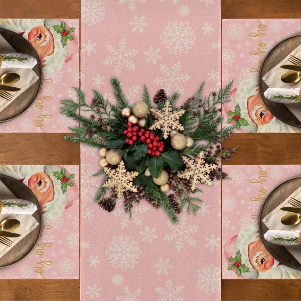 Lyserøde juledækkeservietter, 30,48 x 45,72 cm Sæt med 4 lyserøde julemænd Bordløbere Snefnug Akvarel Pastelmåtter Vinterhjem juledekoration