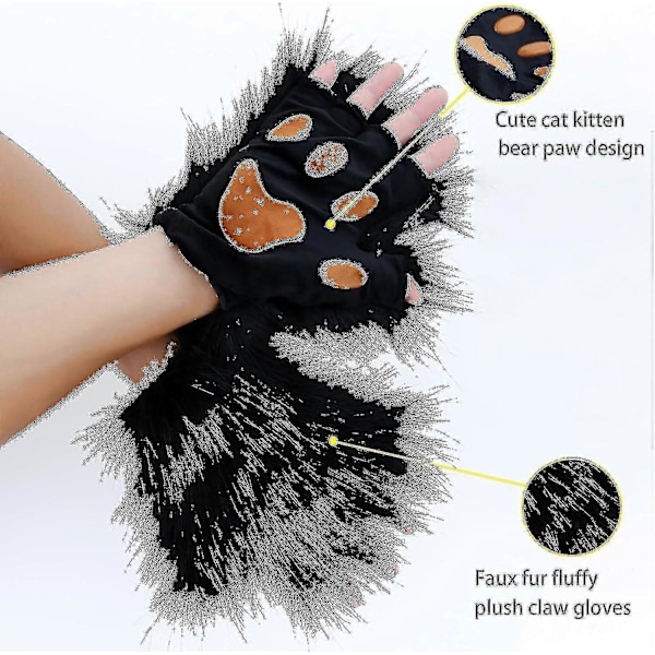 Fuskpäls Rävsvans Katt Varg Cosplay Kostymset Plysch Mask Fluffiga Vantar Halloween Jul Black