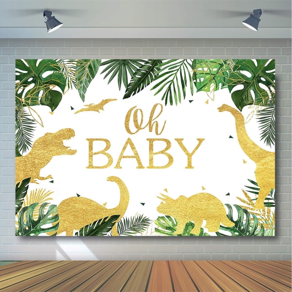 Oh Baby Dinosaur Bakgrunn for Gutt Dinosaur Tema Baby Shower Festdekorasjon Grønne Blader Gull Dinosaur Dino Oh Baby(7x5ft)