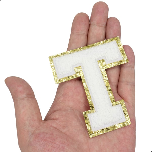 Engelsk bogstav T Stryg på reparationslapper Alfabetsyning Applikationer Tøjmærker, med guldglitterkant, selvklæbende bagklistermærke（Hvid T）TWvid