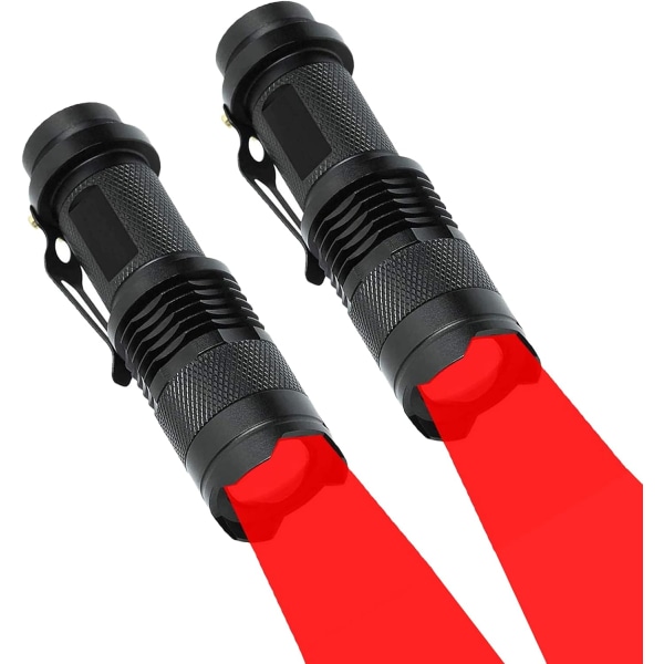 Röd LED-ficklampa Mini 3 lägen Zoombar jaktljusfackla för jakt, astronomi, mörkerseende, 2-pack