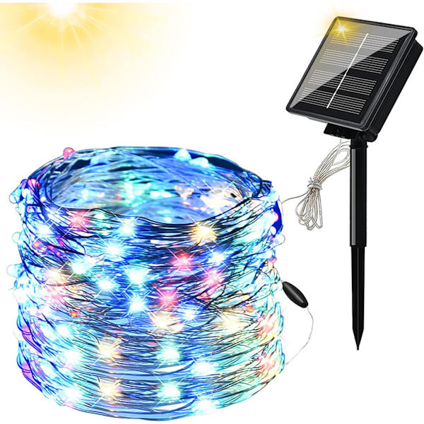10M 100 LED Solcellelyskæde, Opgraderet Super Holdbar Sol Julelys Udendørs, Vandtæt 8 Tilstande Sol Fe Lys(Multifarvet)