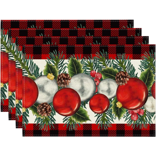 Punainen musta Buffalo Check Holly Pinecon joulupallot -pöytämatot , 4,30,48 x 45,72 cm pöytäjalka juhlakeittiön ruokailuhuoneen sisustukseen