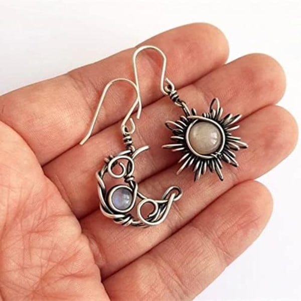 Boho Opal Sol och Måne Drop Dangle Örhängen Månsten tural Stenkrok Bohemisk för Kvinnor Flickor Asymmetrisk Antik Silver Himmelsk Smycken-A