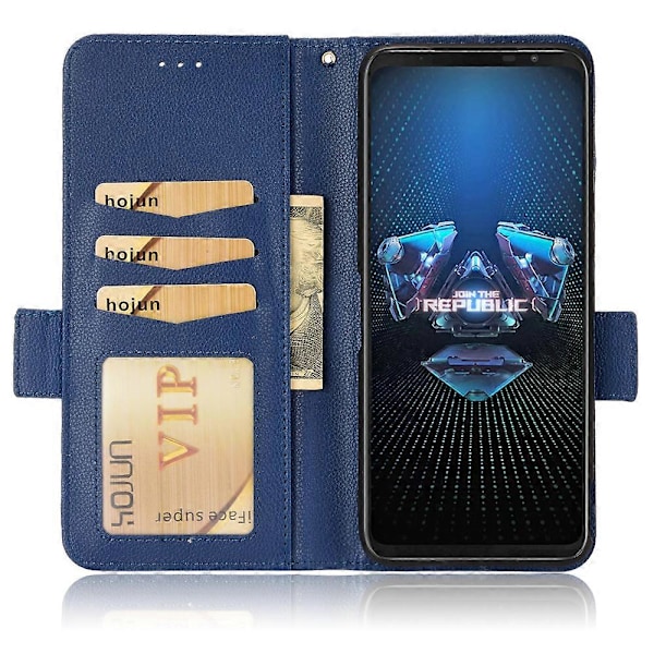 Til Asus ROG Phone 5/ROG Phone 5s/ZS676KS/ZS673KS Litchi Tekstur PU Læder Telefon Cover Magnetisk Lukning Tegnebog Stativ Flip Stødsikkert Cover Dark Blue