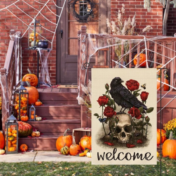 Halloween Velkommen Kranie Rose Krage Have Flag Dobbeltsidet, Dag for de Døde Ferie Gård Udendørs Dekorative Flag 12 x 18 Tommer