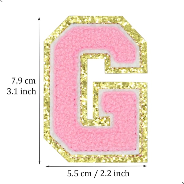 English Letter G Iron On Repair Patches Alphabet Sewing Appliques Clothing Badges, with Gold Glitters Border, Adhesive Back Sticker（Pink G）GPink