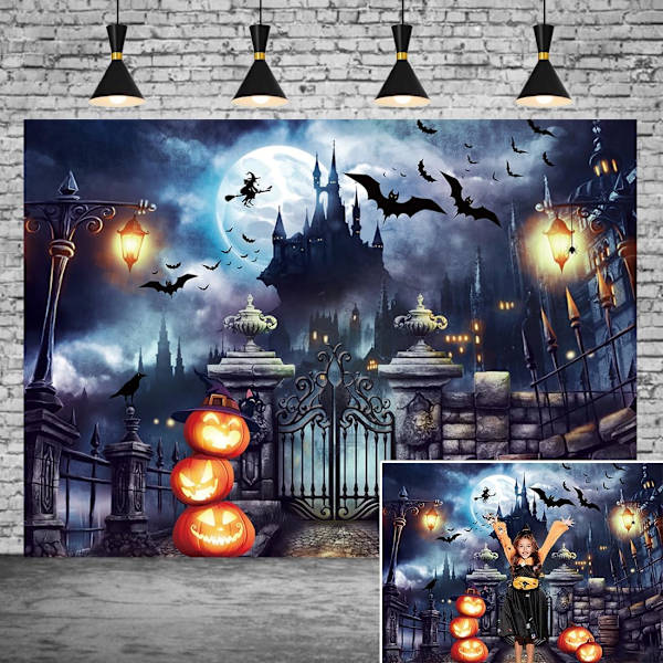 Halloween-yön Täysikuu Taustakangas Kurpitsa Lepakko Kauhu Valokuvajuhlat Linna Haamu Teema Tausta Koriste Lapsille (7x5FT(210X150cm))