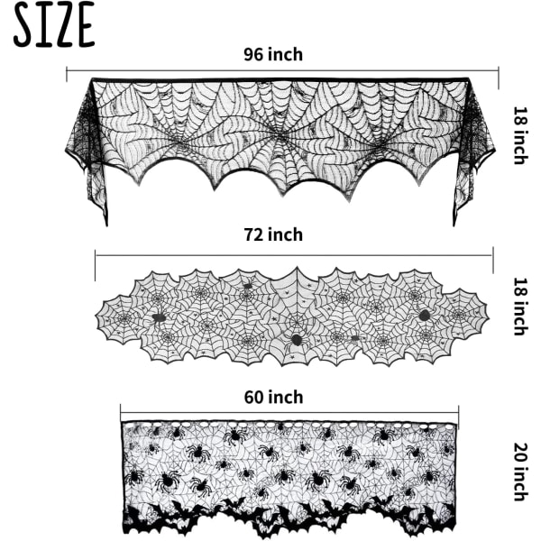 5-pakkaus Halloween-hämähäkkikoristeita - takan reunus, pyöreä pöytäliina, pitsiliina, hämähäkinverkkosuojus, 3D-lepakko Halloween-juhlan koristeluun