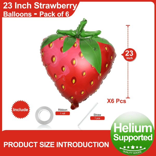 6 Pack Gaint Strawberry Foil Balloons 23 Inch Cute Helium Mylar Strawberry Balloons for Cute Girls Summer Party Theme