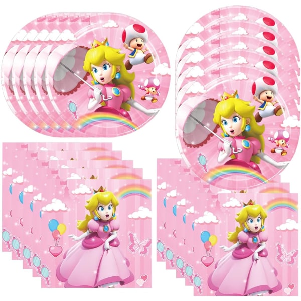 40-pakks Princess Peach bursdagsfestutstyr inkluderer 20 tallerkener, 20 servietter for Princess Peach-festdekorasjonen