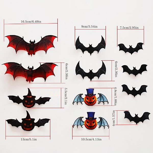 12 kpl Halloween-lepakkoseinäkoristetta 3D-stereoskooppiset lepakkotarrat Halloween-koristeet Uudelleenkäytettävät itseliimautuvat värikkäät lepakkotarrat