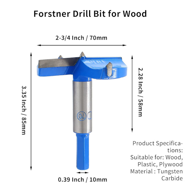 Qjaiune 2-3/4 tommer / 70mm Forstner bor, 2,75 tommer kedelig bit cutter wolframcarbid træ hul sav auger åbner, træbearbejdning hul åbner