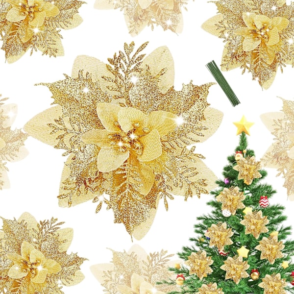 Juledekoration, Kunstig Juleblomst, Glitrende Juletræguirlande, til Juletræ, Krans, Bryllupsdekorationer 20 stk. Guld