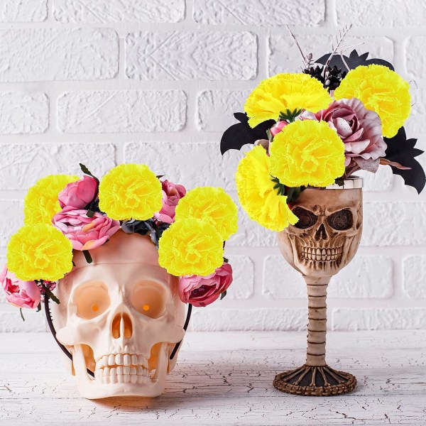 50 stk. Ringblomstblomsterhoder Bulk Kunstige Blomster med Stilker DIY Ringblomst Girlander Dag for de Døde Dekorasjon Dia De Los (Gul, 2,4 Tommer)