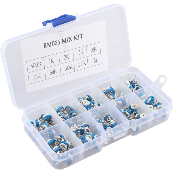 100 stycken 10 värden variabelt motstånd justerbar trimmer potentiometer reostat med plastbox 500 Ohm-1 Mt