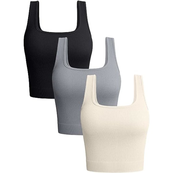 3-delade linne damer Ribbade sömlösa träningströjor Yoga Crop Tops (stora)