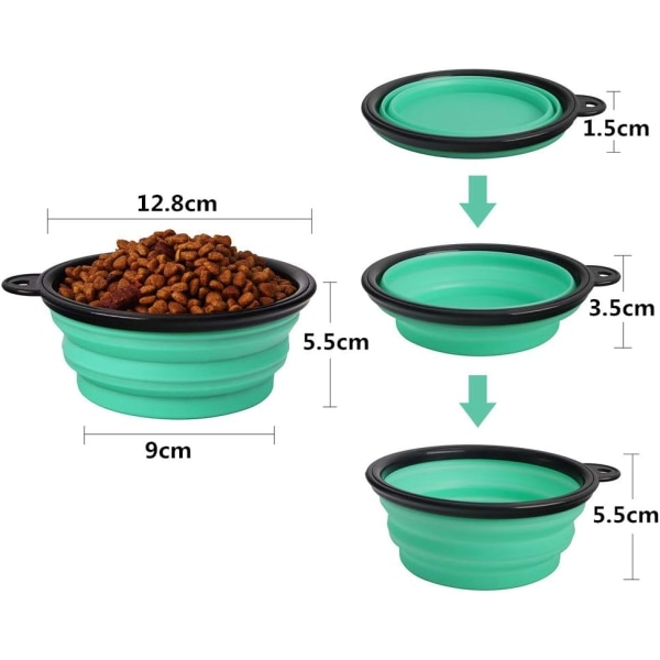 2-delt sammenklappelig hundeskål, sammenklappelig silikoneskåle til hunde, rejsetaske til hunde og katte, lyseblå og lysegrøn (350 ml)