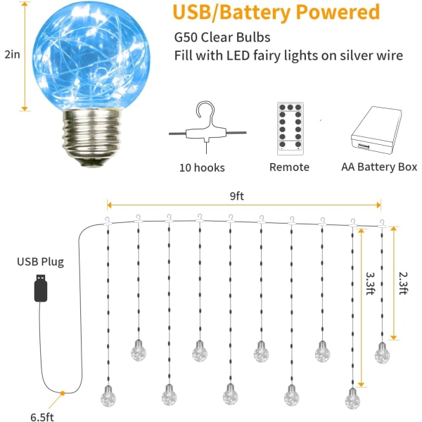 Gardinstreng med 200 LED-lys, fjernkontroll, USB-batteridrevne blinkende globe-lyskjeder for bryllup (blå)