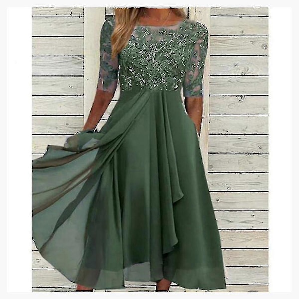 Kjole med blondeapplikasjoner Midi Kortermet Aftenkjoler Casual Allsidig Kjole For Bryllup XXL Green