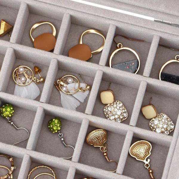 Ørestik Smykkeæske 24 Gitter Fløjl Smykkebakke til Skuffer Glas Klart Låg Vitrine Display Opbevaring Ringbakker Ørestikholder Organizer Etui (Grå)