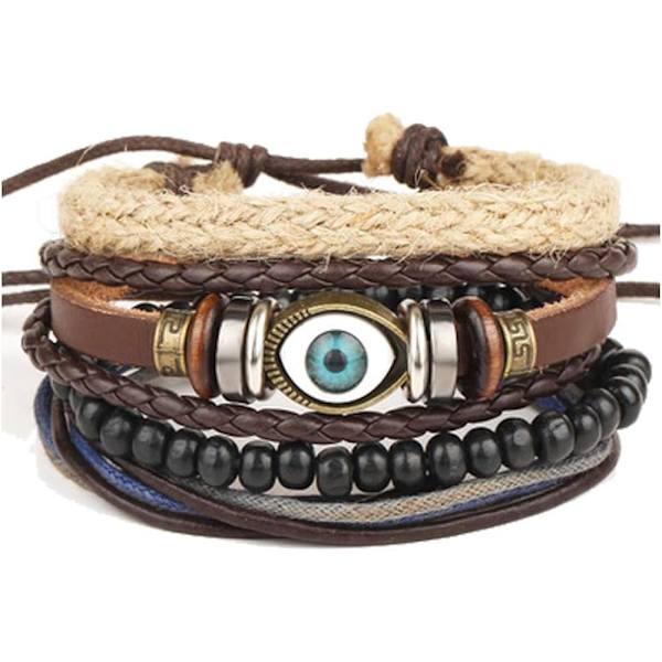 Heyone 2-pack flerskiktad läderarmband med ont öga för män, flätat rep-armband, skyddssmycken