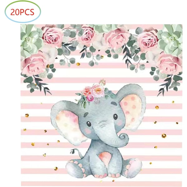 Baby shower, rosa elefantfödelsedagsfesttillbehör, 20 tallrikar och 20 servetter, födelsedagsfest med elefanttema för flickor