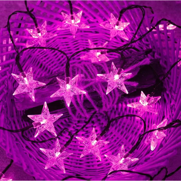 Sun Star ljusslinga, solcellslampor för utomhusbruk, solstjärnljusslinga för utomhusbruk, vattentät (6 m 30 LED, rosa)
