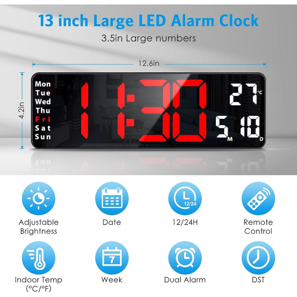 Digital klocka, 13" stor skärm Digital väggklocka för vardagsrumsinredning, LED-väggklocka med fjärrkontroll, timer, 12/24H
